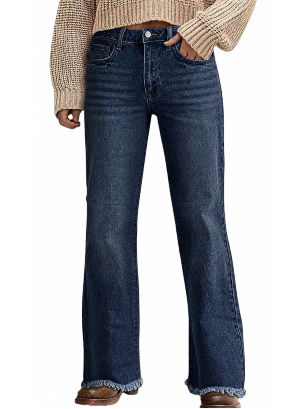 Flamingals Bootcut Jeans Mid Waist Raw Hem Vintage Stretchy Jeans L